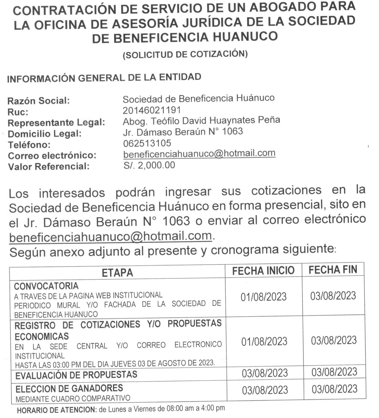 CONTRATACIÓN DE SERVICIOS DE UN ABOGADO PARA LA OFICINA DE ASESORIA JURIDICA DE LA SOCIEDAD DE BENEFICENCIA HUÁNUCO.