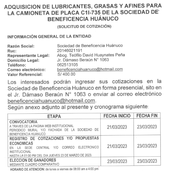 ADQUISICION DE LUBRICANTES, GRASAS Y AFINES PARA LA CAMIONETA DE PLACA C1I-735 DE LA SOCIEDAD DE BENEFICENCIA HUÁNUCO
