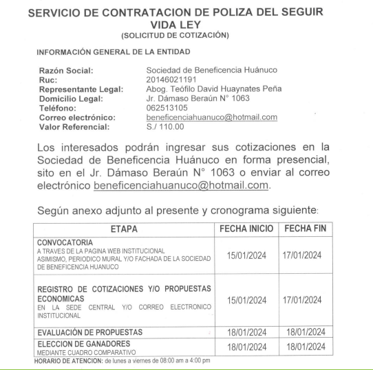 SERVICIO DE CONTRATACION DE POLIZA DE SEGURO VIDA LEY
