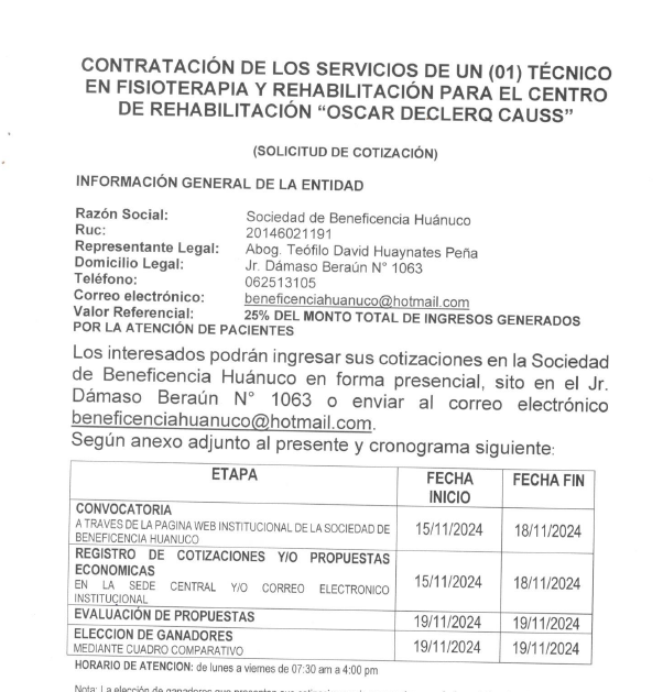 CONTRATACIÓN DE LOS SERVICIOS DE UN (01) TÉCNICO EN FISIOTERAPIA Y REHABILITACIÓN PARA EL CENTRO DE REHABILITACIÓN “OSCAR DECLERQ CAUSS”