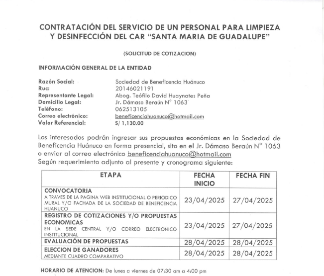 CONTRATACIÓN DEL SERVICIO DE UN PERSONAL PARA LIMPIEZA Y DESINFECCIÓN DEL CAR “SANTA MARIA DE GUADALUPE”