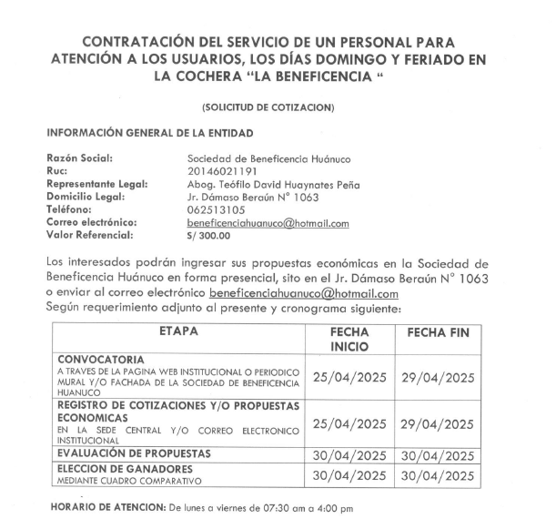 CONTRATACIÓN DEL SERVICIO DE UN PERSONAL PARA ATENCIÓN A LOS USUARIOS, LOS DÍAS DOMINGO Y FERIADO EN LA COCHERA “LA BENEFICENCIA “