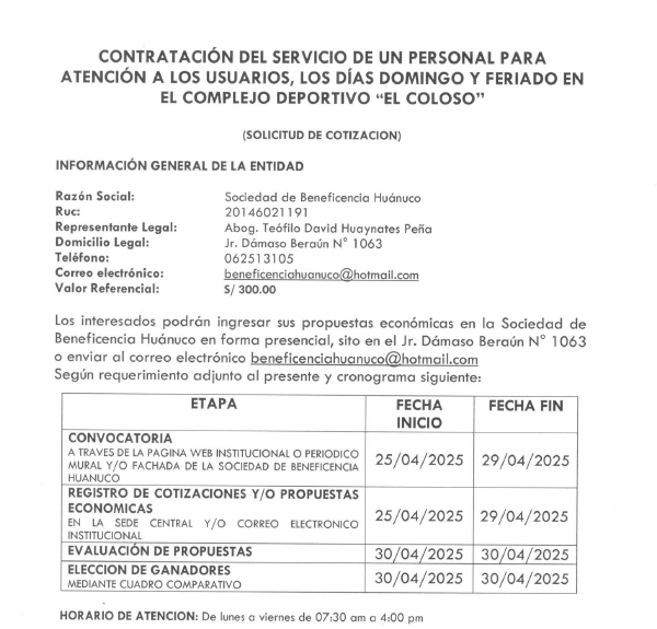 CONTRATACIÓN DEL SERVICIO DE UN PERSONAL PARA ATENCIÓN A LOS USUARIOS, LOS DÍAS DOMINGO Y FERIADO EN EL COMPLEJO DEPORTIVO “EL COLOSO”