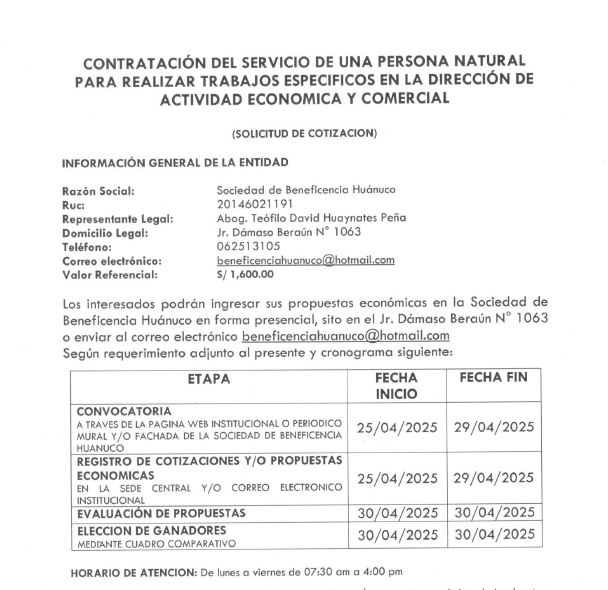 CONTRATACIÓN DEL SERVICIO DE UNA PERSONA NATURAL PARA REALIZAR TRABAJOS ESPECIFICOS EN LA DIRECCIÓN DE ACTIVIDAD ECONOMICA Y COMERCIAL