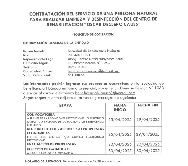 CONTRATACIÓN DEL SERVICIO DE UNA PERSONA NATURAL PARA REALIZAR LIMPIEZA Y DESINFECCIÓN DEL CENTRO DE REHABILITACION “OSCAR DECLERQ CAUSS”