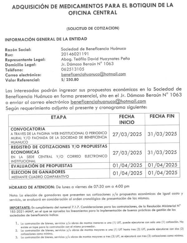 ADQUISICIÓN DE MEDICAMENTOS PARA EL BOTIQUIN DE LA OFICINA CENTRAL
