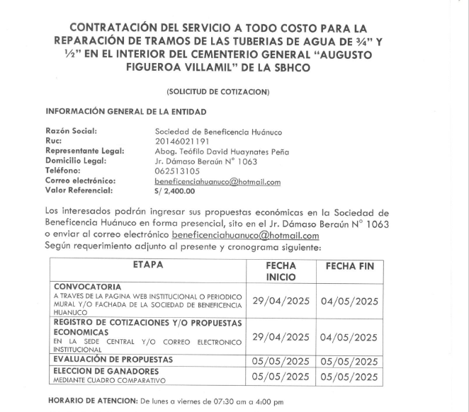 CONTRATACIÓN DEL SERVICIO A TODO COSTO PARA LA REPARACIÓN DE TRAMOS DE LAS TUBERIAS DE AGUA DE ¾” Y ½” EN EL INTERIOR DEL CEMENTERIO GENERAL “AUGUSTO FIGUEROA VILLAMIL” DE LA SBHCO