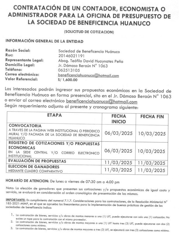CONTRATACIÓN DE UN CONTADOR, ECONOMISTA OADMINISTRADOR PARA LA OFICINA DE PRESUPUESTO DELA SOCIEDAD DE BENEFICENCIA HUANUCO