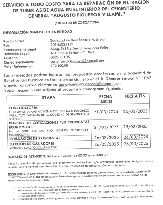 CONTRATACIÓN A TODO COSTO PARA LA REPARACIÓN DE FILTRACION DE TUBERIAS DE AGUA EN EL INTERIOR DEL CEMENTERIO GENERAL “AUGUSTO FIGUEROA VILLAMIL”