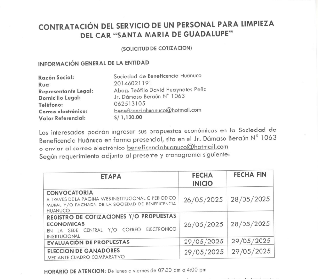 CONTRATACIÓN DEL SERVICIO DE UN PERSONAL PARA LIMPIEZA DEL CAR “SANTA MARIA DE GUADALUPE”