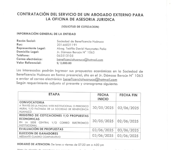 CONTRATACIÓN DEL SERVICIO DE UN ABOGADO EXTERNO PARA LA OFICINA DE ASESORIA JURIDICA DE LA SOCIEDAD DE BENEFICENCIA HUANUCO