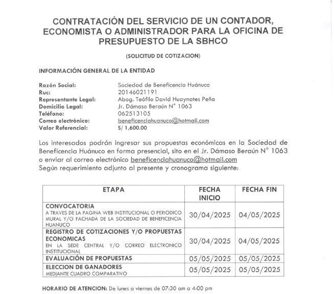 CONTRATACIÓN DEL SERVICIO DE UN CONTADOR, ECONOMISTA O ADMINISTRADOR PARA LA OFICINA DE PRESUPUESTO DE LA SBHCO