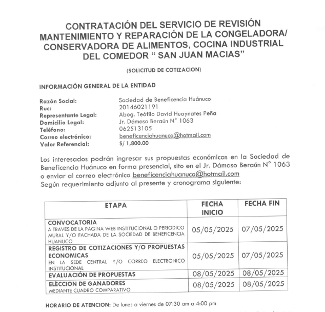 CONTRATACIÓN DEL SERVICIO DE REVISIÓN MANTENIMIENTO Y REPARACIÓN DE LA CONGELADORA/ CONSERVADORA DE ALIMENTOS, COCINA INDUSTRIAL DEL COMEDOR “SAN JUAN MACIAS”