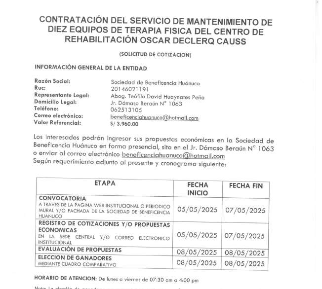 CONTRATACIÓN DEL SERVICIO DE MANTENIMIENTO DE DIEZ EQUIPOS DE TERAPIA FISICA DEL CENTRO DE REHABILITACIÓN OSCAR DECLERQ CAUSS