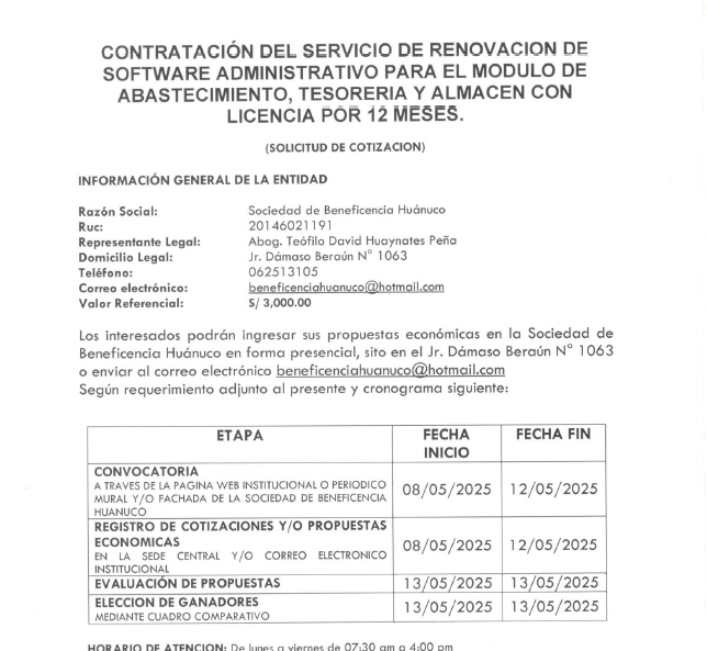 CONTRATACIÓN DEL SERVICIO DE RENOVACION DE SOFTWARE ADMINISTRATIVO PARA EL MODULO DE ABASTECIMIENTO, TESORERIA Y ALMACEN CON LICENCIA POR 12 MESES