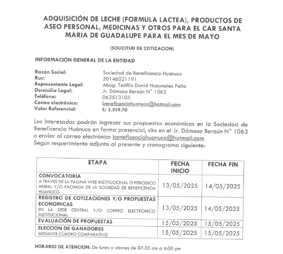 ADQUISICIÓN DE LECHE (FORMULA LACTEA), PRODUCTOS DE ASEO PERSONAL, MEDICINAS Y OTROS PARA EL CAR SANTA MARIA DE GUADALUPE PARA EL MES DE MAYO