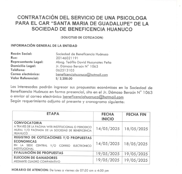 CONTRATACIÓN DEL SERVICIO DE UNA PSICOLOGA PARA EL CAR “SANTA MARIA DE GUADALUPE” DE LA SOCIEDAD DE BENEFICENCIA HUANUCO
