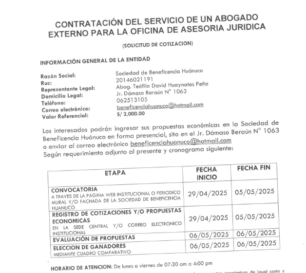 CONTRATACIÓN DEL SERVICIO DE UN ABOGADO EXTERNO PARA LA OFICINA DE ASESORIA JURIDICA