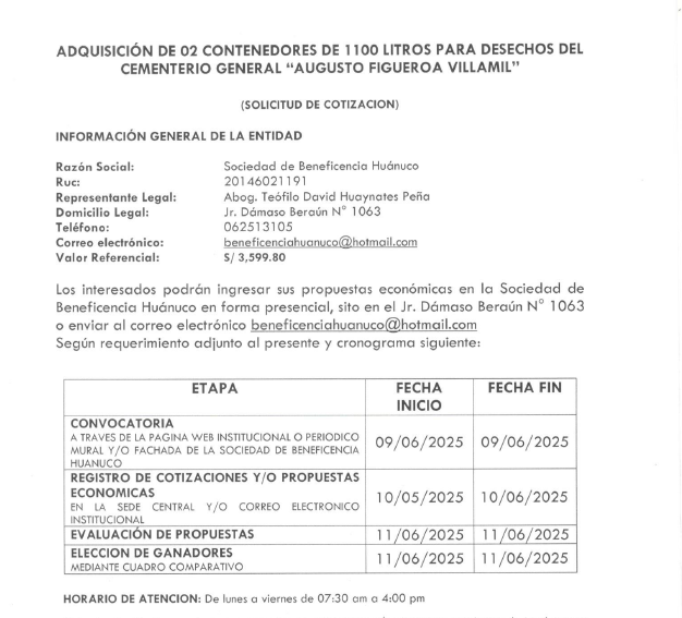 ADQUISICIÓN DE 02 CONTENEDORES DE 1100 LITROS PARA DESECHOS DEL CEMENTERIO GENERAL “AUGUSTO FIGUEROA VILLAMIL”