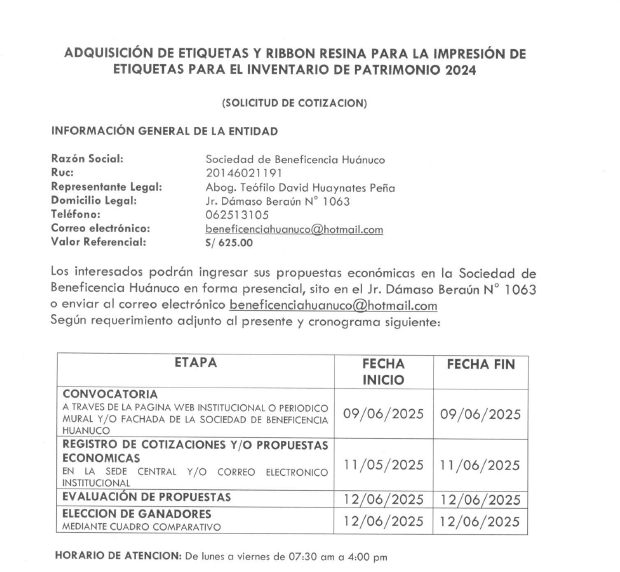 ADQUISICIÓN DE ETIQUETAS Y RIBBON RESINA PARA LA IMPRESIÓN DE ETIQUETAS PARA EL INVENTARIO DE PATRIMONIO 2024