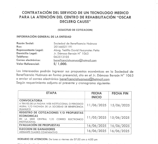 CONTRATACIÓN DEL SERVICIO DE UN TECNOLOGO MEDICO PARA LA ATENCIÓN DEL CENTRO DE REHABILITACIÓN “OSCAR DECLERQ CAUSS”