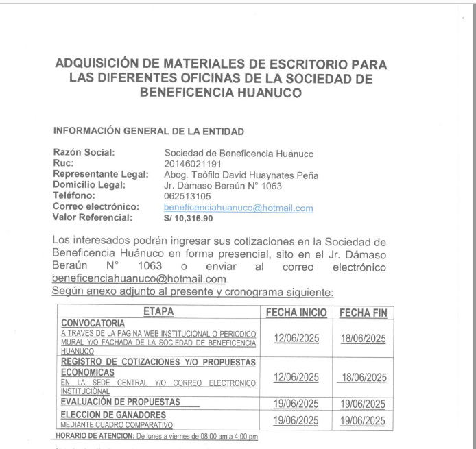 ADQUISICIÓN DE MATERIALES DE ESCRITORIO PARA LAS DIFERENTES OFICINAS DE LA SOCIEDAD DE BENEFICENCIA HUANUCO