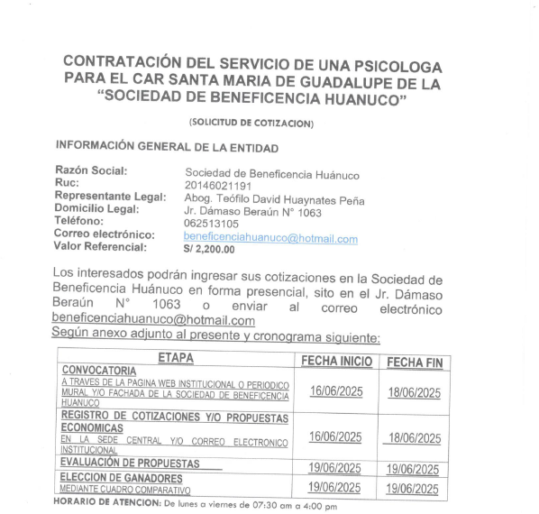 CONTRATACIÓN DEL SERVICIO DE UNA PSICOLOGA PARA EL CAR SANTA MARIA DE GUADALUPE DE LA “SOCIEDAD DE BENEFICENCIA HUANUCO”