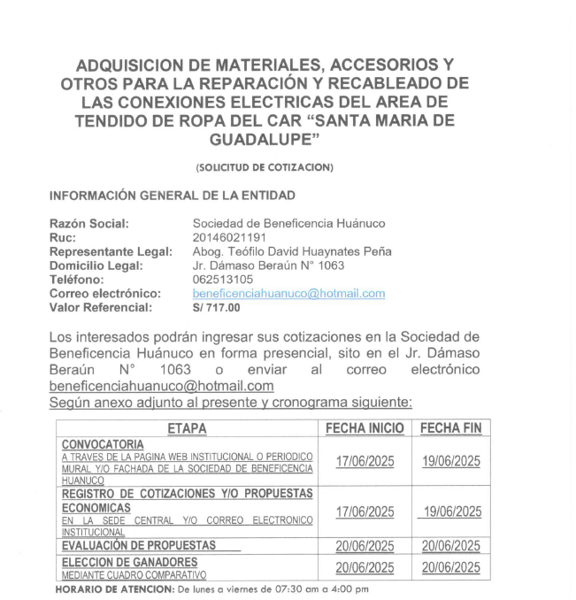 ADQUISICION DE MATERIALES, ACCESORIOS Y OTROS PARA LA REPARACIÓN Y RECABLEADO DE LAS CONEXIONES ELECTRICAS DEL AREA DE TENDIDO DE ROPA DEL CAR “SANTA MARIA DE GUADALUPE”