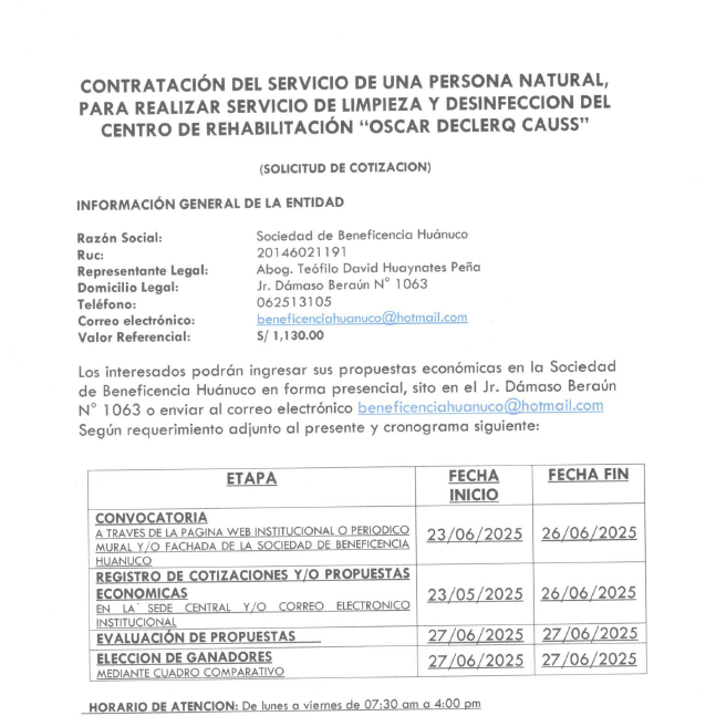 CONTRATACIÓN DEL SERVICIO DE UNA PERSONA NATURAL, PARA REALIZAR SERVICIO DE LIMPIEZA Y DESINFECCION DEL CENTRO DE REHABILITACIÓN “OSCAR DECLERQ CAUSS”