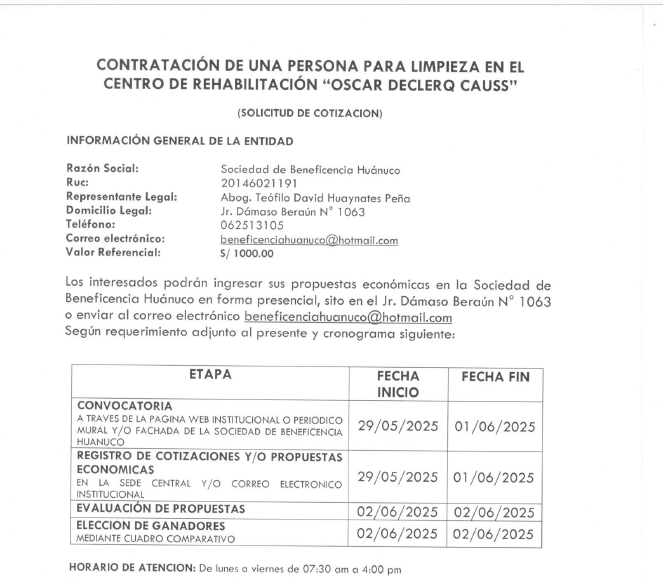 CONTRATACIÓN DE UNA PERSONA PARA LIMPIEZA EN EL CENTRO DE REHABILITACIÓN “OSCAR DECLERQ CAUSS”
