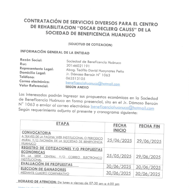 CONTRATACIÓN DE SERVICIOS DIVERSOS PARA EL CENTRO DE REHABILITACION “OSCAR DECLERQ CAUSS” DE LA SOCIEDAD DE BENEFICENCIA HUANUCO