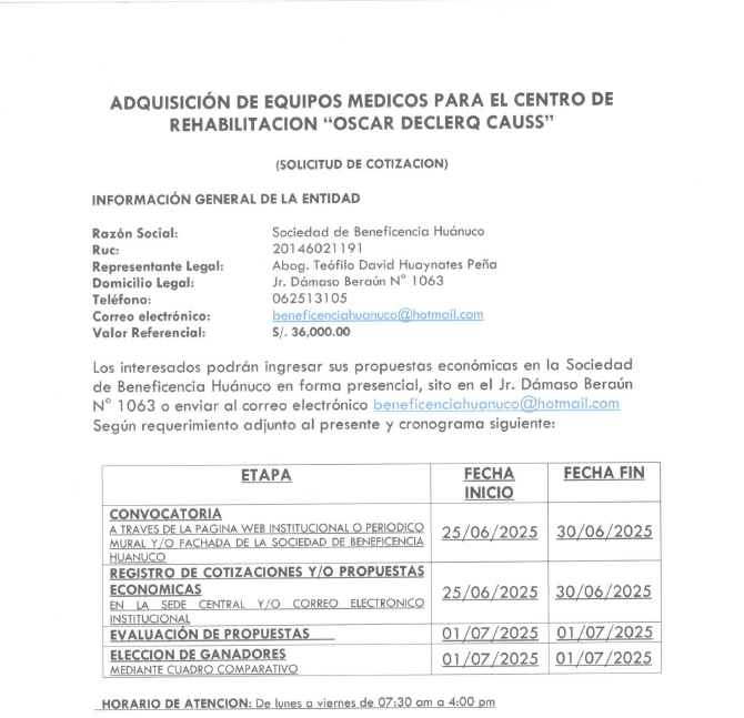 ADQUISICIÓN DE EQUIPOS MEDICOS PARA EL CENTRO DE REHABILITACION “OSCAR DECLERQ CAUSS”