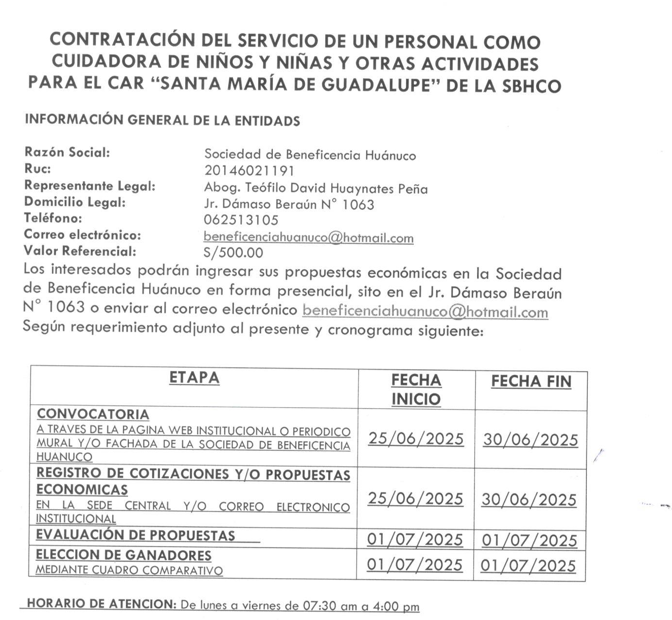CONTRATACIÓN DEL SERVICIO DE UN PERSONAL COMO CUIDADORA DE NIÑOS Y NIÑAS Y OTRAS ACTIVIDADES PARA EL CAR “SANTA MARIA DE GUADALUPE” DE LA SBHCO