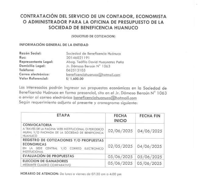 CONTRATACIÓN DEL SERVICIO DE UN CONTADOR, ECONOMISTA O ADMINISTRADOR PARA LA OFICINA DE PRESUPUESTO DE LA SOCIEDAD DE BENEFICENCIA HUANUCO