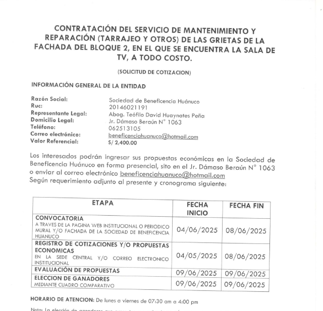 CONTRATACIÓN DEL SERVICIO DE MANTENIMIENTO Y REPARACIÓN (TARRAJEO Y OTROS) DE LAS GRIETAS DE LA FACHADA DEL BLOQUE 2, EN EL QUE SE ENCUENTRA LA SALA DE TV, A TODO COSTO.
