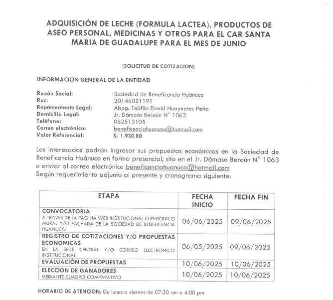 ADQUISICIÓN DE LECHE (FORMULA LACTEA), PRODUCTOS DE ASEO PERSONAL, MEDICINAS Y OTROS PARA EL CAR SANTA MARIA DE GUADALUPE PARA EL MES DE JUNIO