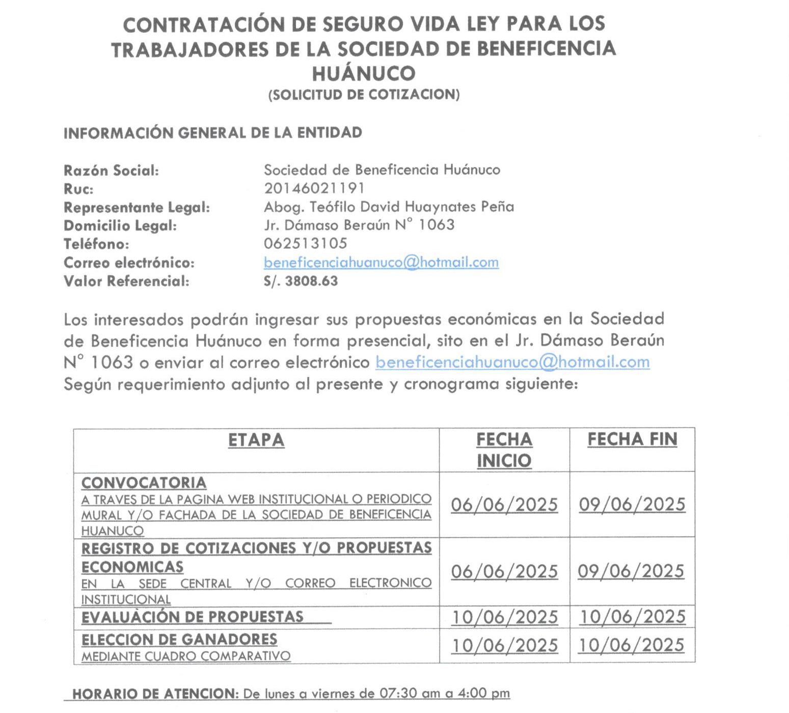 CONTRATACIÓN DE SEGURO VIDA LEY PARA LOS TRABAJADORES DE LA SOCIEDAD DE BENEFICENCIA HUÁNUCO