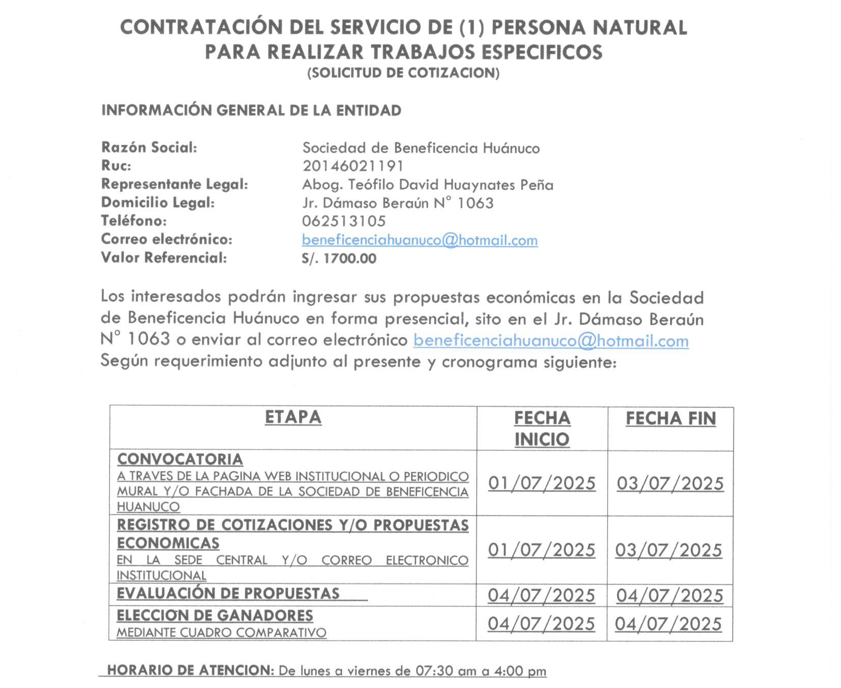 CONTRATACIÓN DEL SERVICIO DE (1) PERSONA NATURAL PARA REALIZAR TRABAJOS ESPECIFICOS