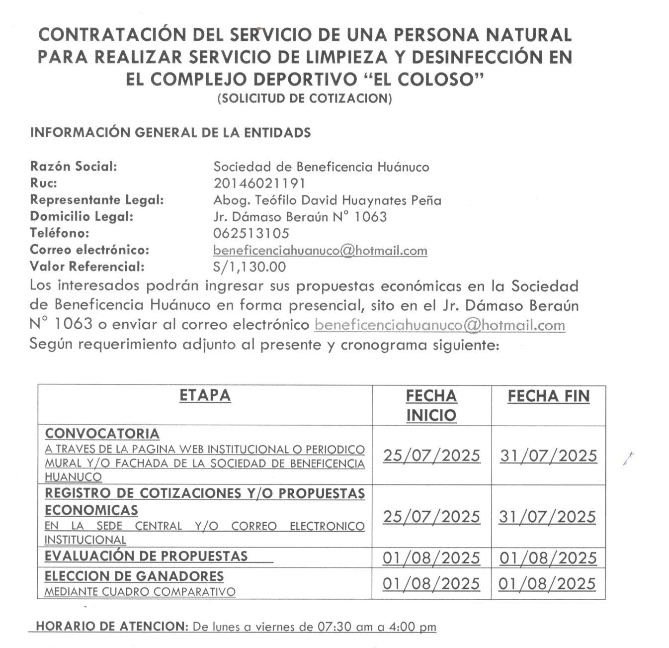 CONTRATACIÓN DEL SERVICIO DE UNA PERSONA NATURAL PARA REALIZAR SERVICIO DE LIMPIEZA Y DESINFECCIÓN EN EL COMPLEJO DEPORTIVO “EL COLOSO”