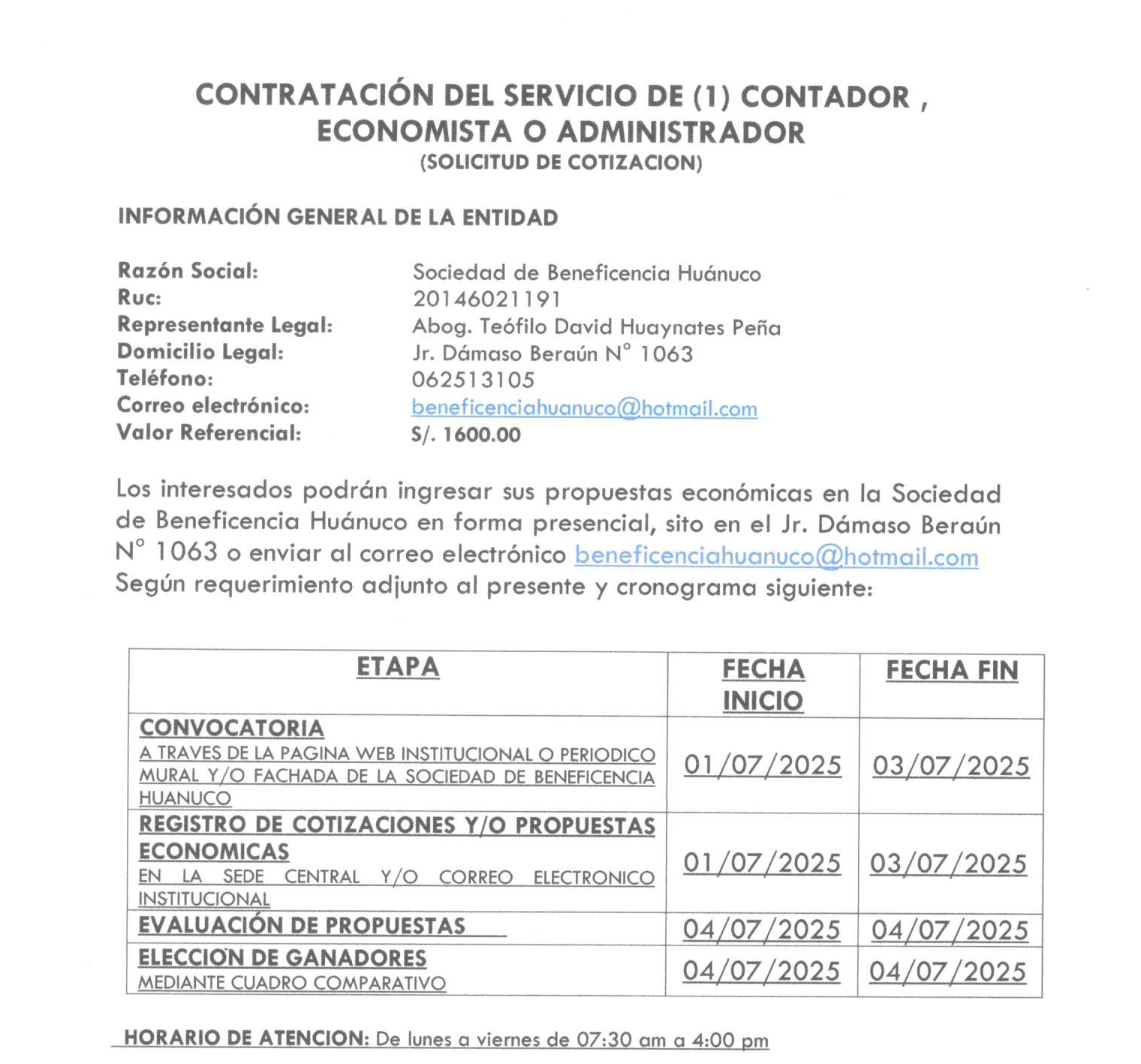 CONTRATACIÓN DEL SERVICIO DE (1) CONTADOR , ECONOMISTA O ADMINISTRADOR 