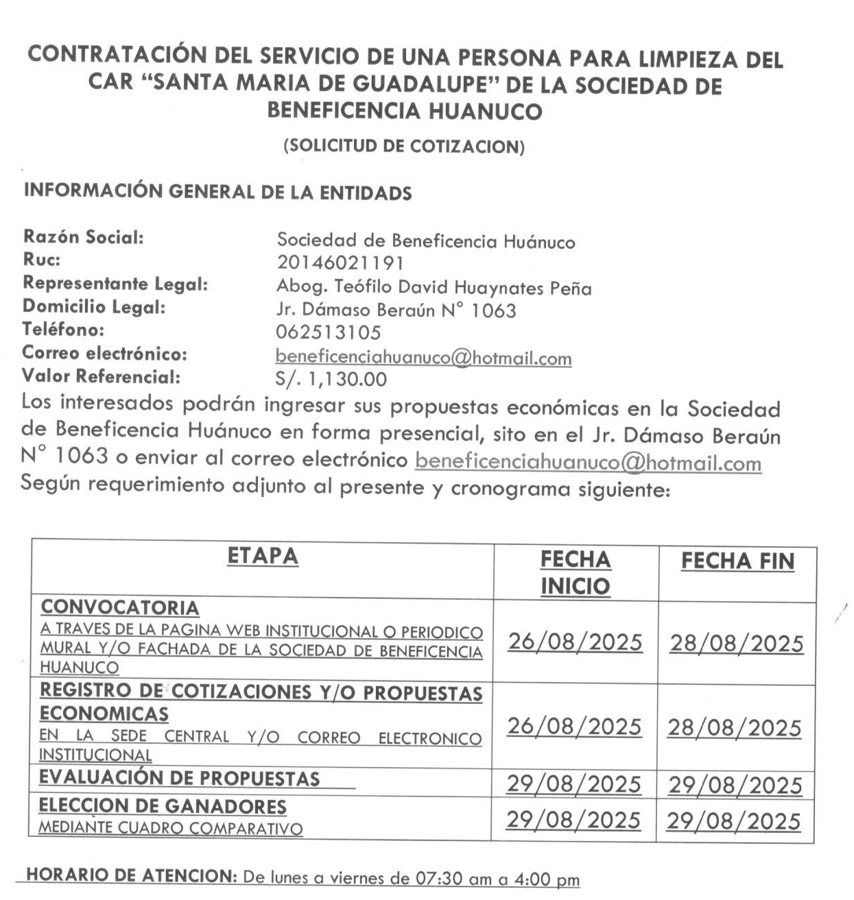 CONTRATACIÓN DEL SERVICIO DE UNA PERSONA PARA LIMPIEZA DEL CAR “SANTA MARIA DE GUADALUPE” DE LA SOCIEDAD DE BENEFICENCIA HUANUCO