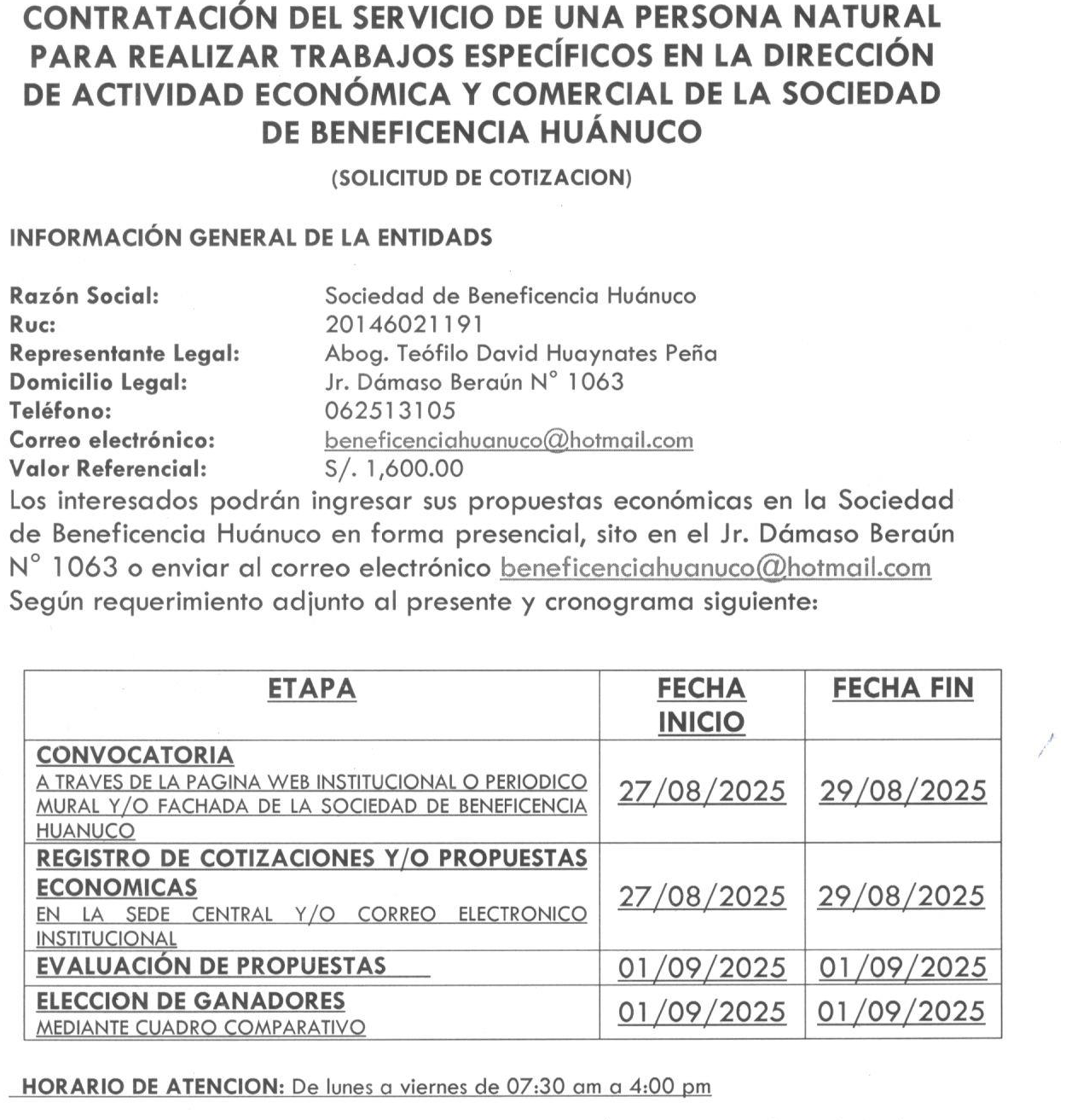CONTRATACIÓN DEL SERVICIO DE UNA PERSONA NATURAL PARA REALIZAR TRABAJOS ESPECÍFICOS EN LA DIRECCIÓN DE ACTIVIDAD ECONÓMICA Y COMERCIAL DE LA SOCIEDAD DE BENEFICENCIA HUÁNUCO