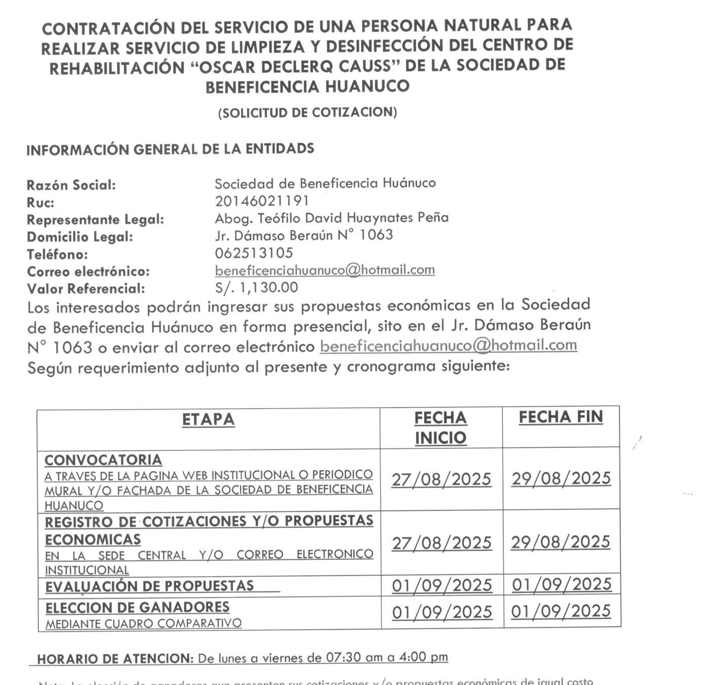 CONTRATACIÓN DEL SERVICIO DE UNA PERSONA NATURAL PARA REALIZAR EL SERVICIO DE LIMPIEZA DEL CENTRO DE REHABILITACION OSCAR DECLERQ CAUSS