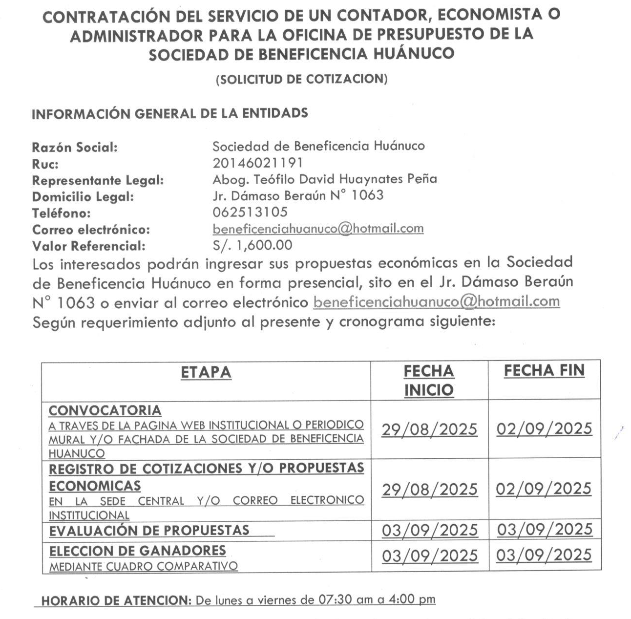 CONTRATACIÓN DEL SERVICIO DE UN CONTADOR, ECONOMISTA O ADMINISTRADOR PARA LA OFICINA DE PRESUPUESTO DE LA SOCIEDAD DE BENEFICENCIA HUÁNUCO
