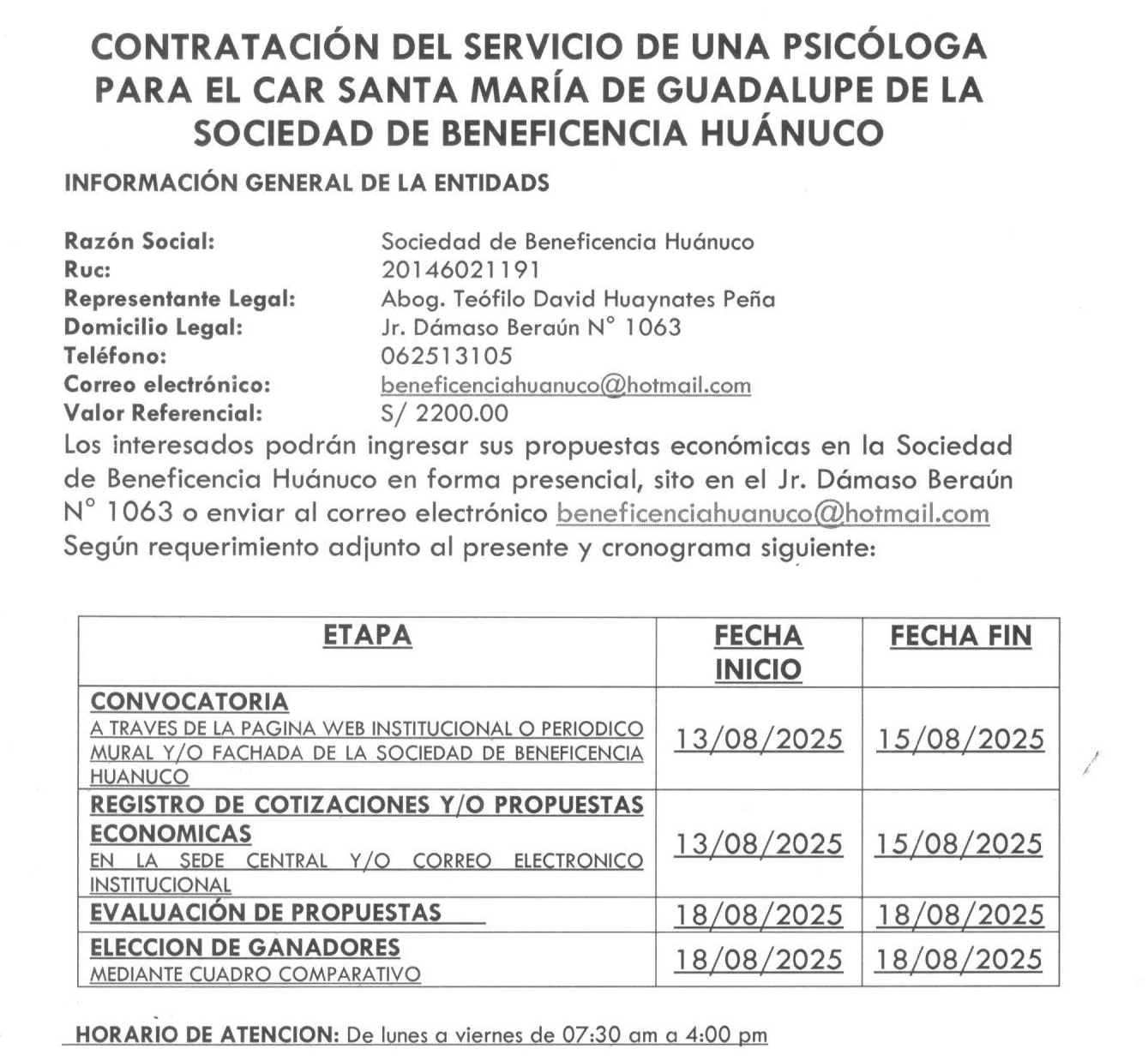 CONTRATACIÓN DEL SERVICIO DE UNA PSICÓLOGA PARA EL CAR SANTA MARÍA DE GUADALUPE DE LA SOCIEDAD DE BENEFICENCIA HUÁNUCO