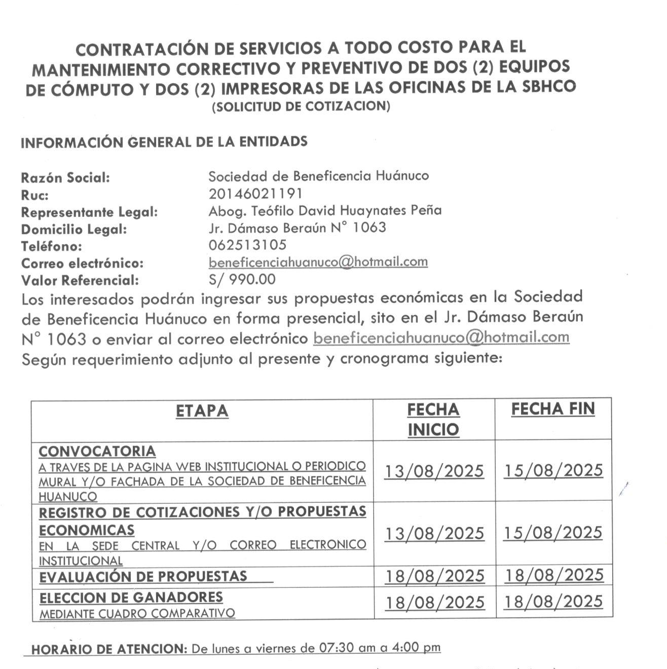 CONTRATACIÓN DE SERVICIOS A TODO COSTO PARA EL MANTENIMIENTO CORRECTIVO Y PREVENTIVO DE DOS (2) EQUIPOS DE CÓMPUTO Y DOS (2) IMPRESORAS DE LAS OFICINAS DE LA SBHCO