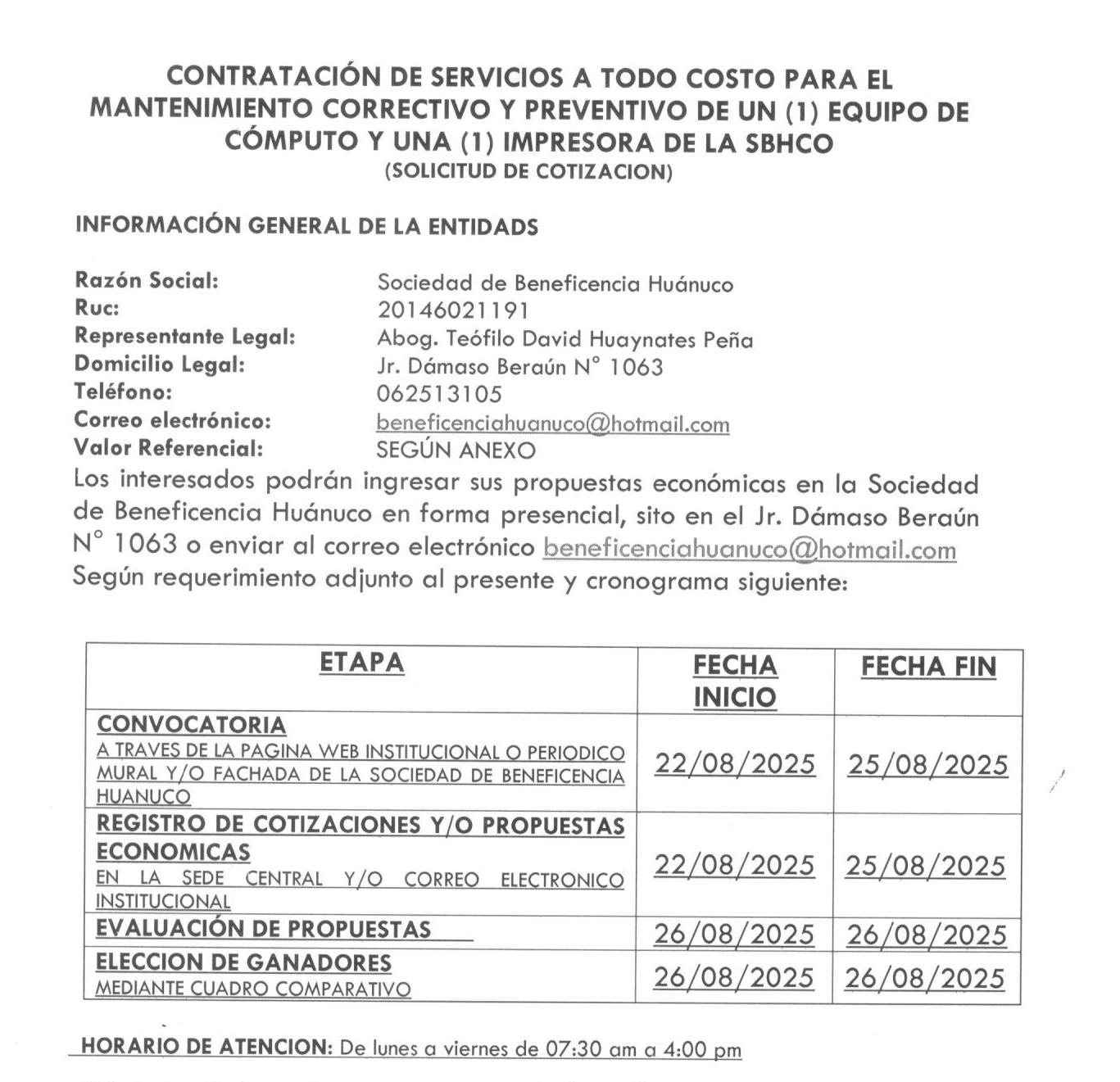 CONTRATACIÓN DE SERVICIOS A TODO COSTO PARA EL MANTENIMIENTO CORRECTIVO Y PREVENTIVO DE UN (1) EQUIPO DE CÓMPUTO Y UNA (1) IMPRESORA DE LA SBHCO