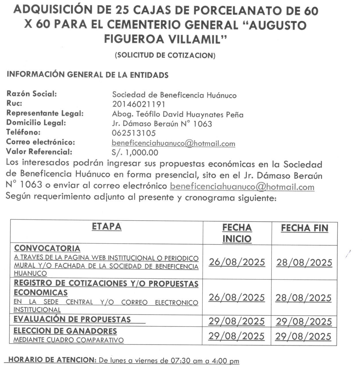 ADQUISICIÓN DE 25 CAJAS DE PORCELANATO DE 60 X 60 PARA EL CEMENTERIO GENERAL “AUGUSTO FIGUEROA VILLAMIL”