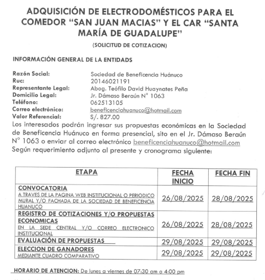 ADQUISICIÓN DE ELECTRODOMÉSTICOS PARA EL COMEDOR “SAN JUAN MACIAS” Y EL CAR “SANTA MARÍA DE GUADALUPE”