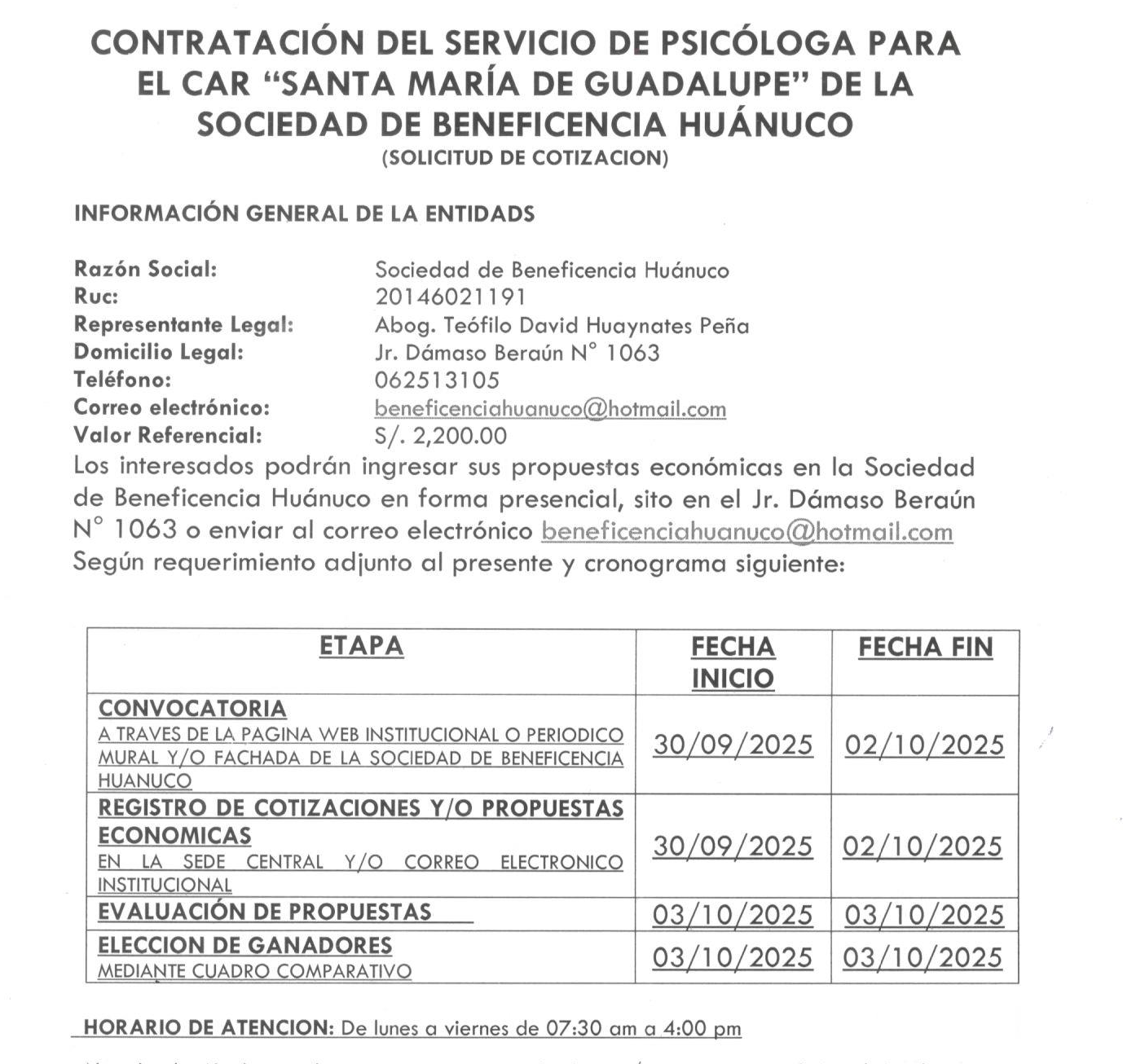 CONTRATACIÓN DEL SERVICIO DE PSICÓLOGA PARA EL CAR “SANTA MARÍA DE GUADALUPE” DE LA SOCIEDAD DE BENEFICENCIA HUÁNUCO